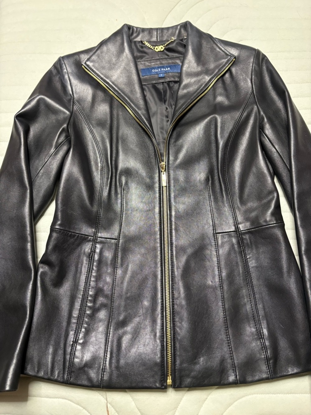 Cole Haan Black Leather Zip Jacket with Gold Hardware